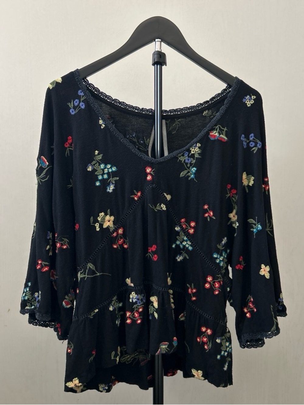Black Floral Embroidered Peasant Top - Women